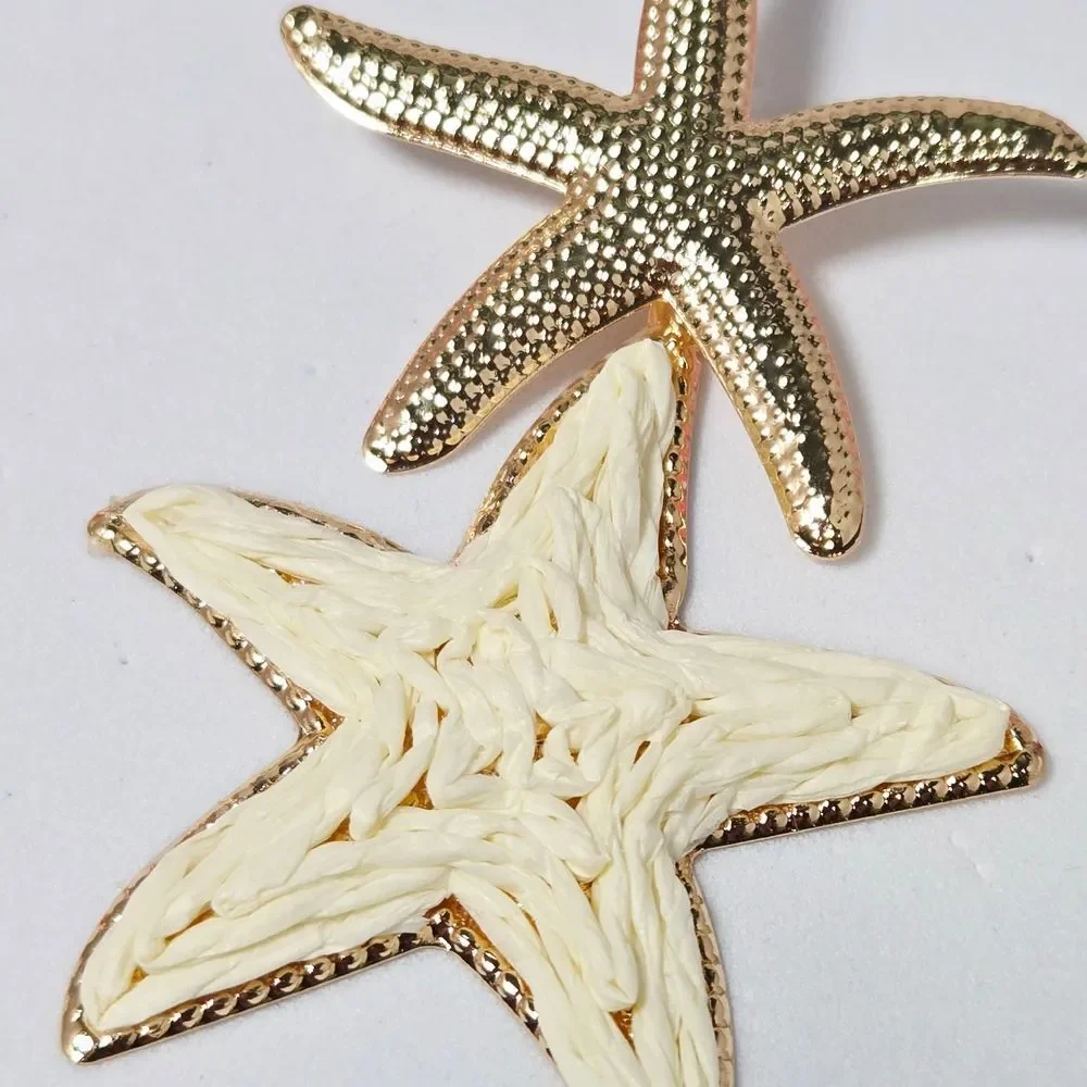 Raffia Starfish Earrings – Gold Woven Beach Statement Studs Coastal Dangles